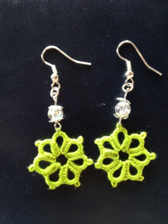 Orecchini fatti a mano in pizzo chiacchierino e perlina in plastica cangiante